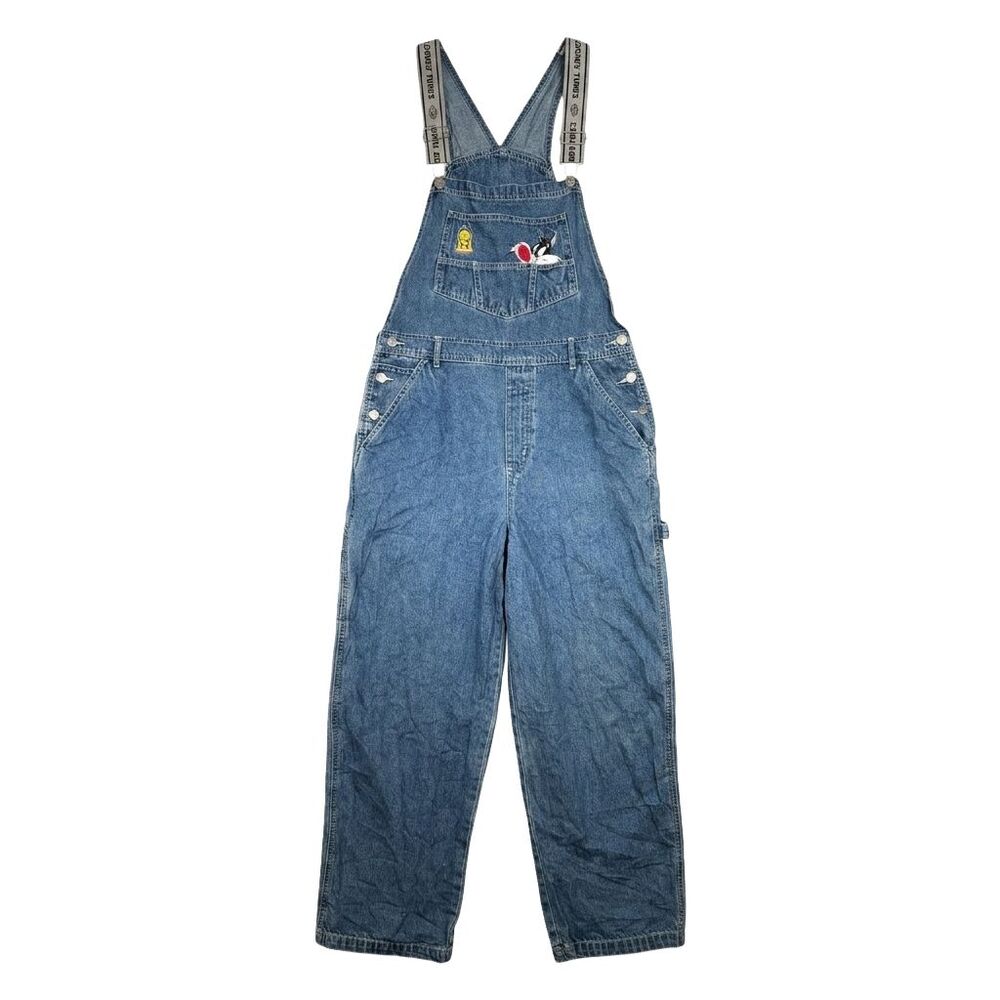 Vintage 90s Looney Tunes Denim Overalls M Tweety Sylvester Carpenter Baggy Y2K
